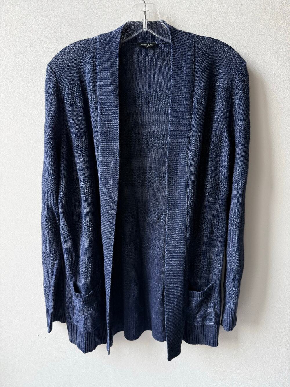 Talbots Linen Cardigan Sweater Blue Open Front Chore Pockets Coastal Grandma S